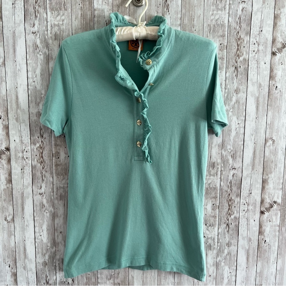 Tory Burch Ruffle Neck Designer Polo Short Sleeve Green Medium